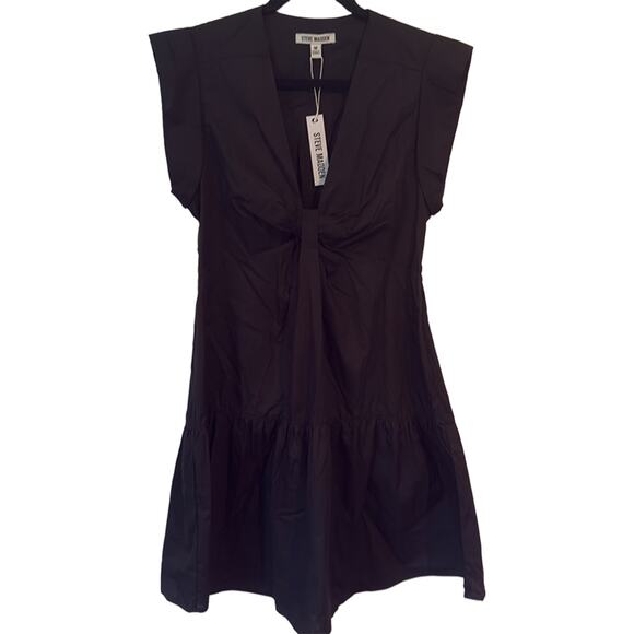 Steve Madden Cotton Poplin V-Neck Tiered Minidress Black Women's Medium NWT - Picture 1 of 7